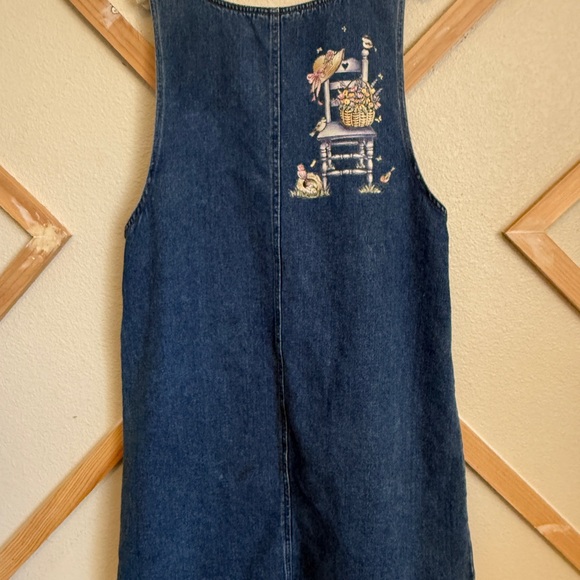 Vintage Denim Jean Midi Overall Chore Dress Women's LARGE Cottage Prairie Birds - Picture 3 of 10